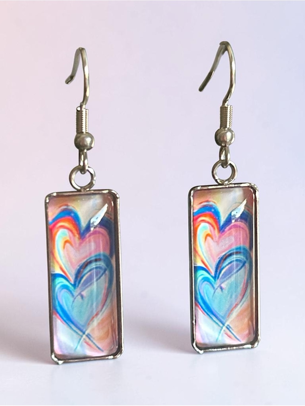 Colorful Heart Glass Rectangle Drop Earrings - Blue & Pink